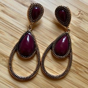 Maroon Gold Drop Statement Earrings